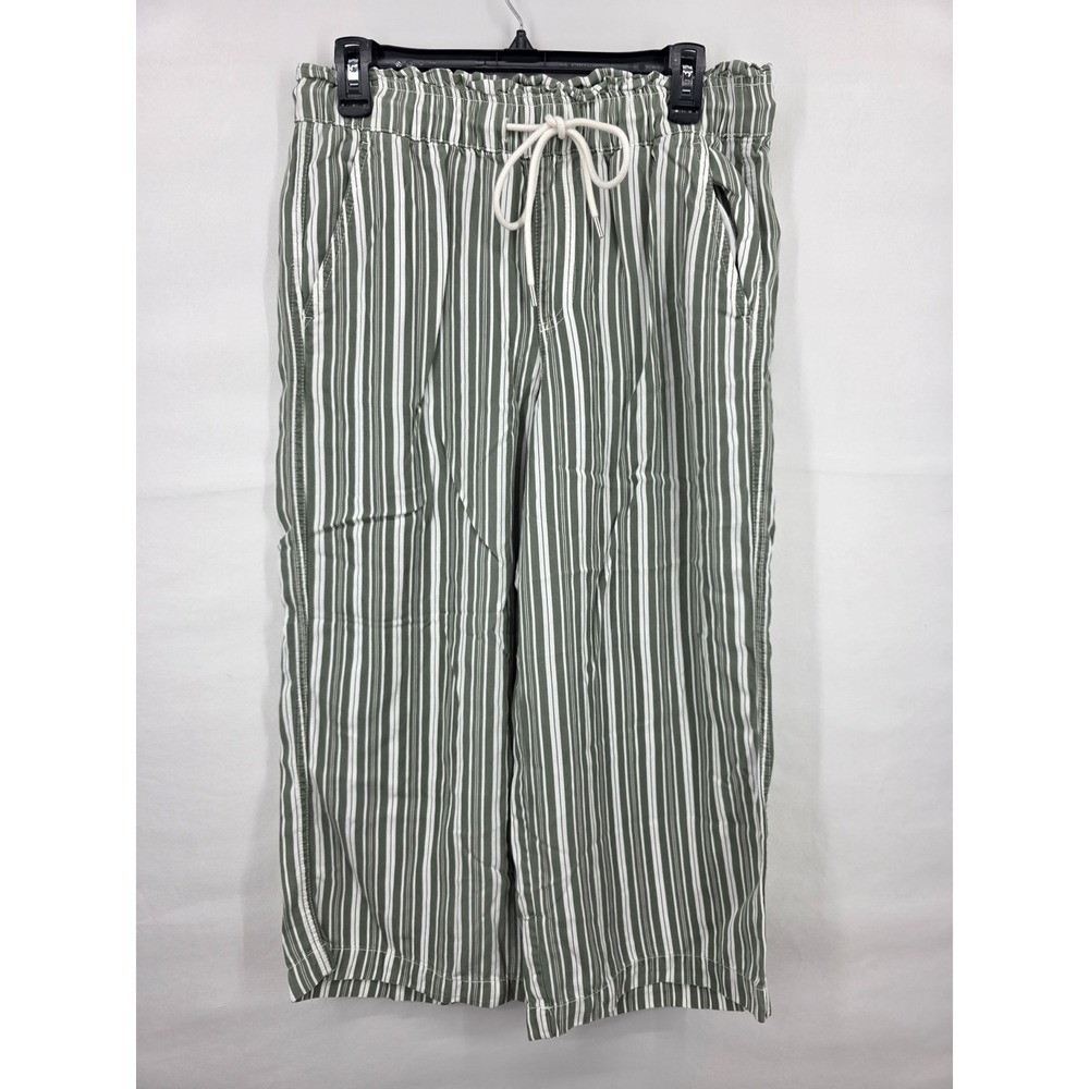 LOFT Green White Striped Wide Leg Crop Pants Petite Medium Drawstring Pockets